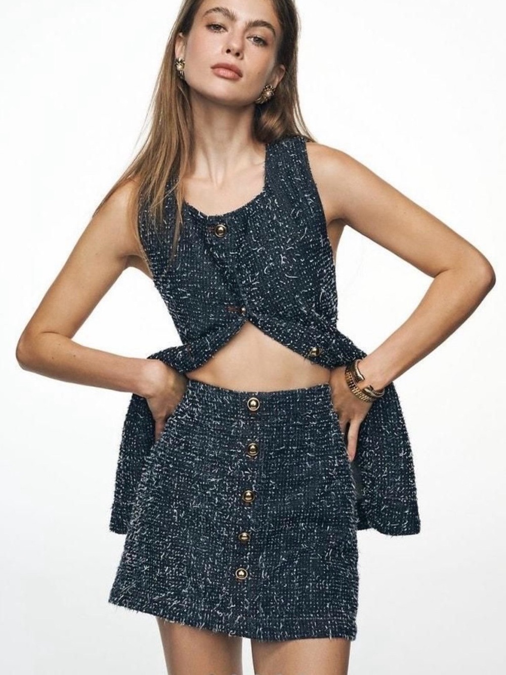 Textured Navy Tweed Skirt with Button Detail